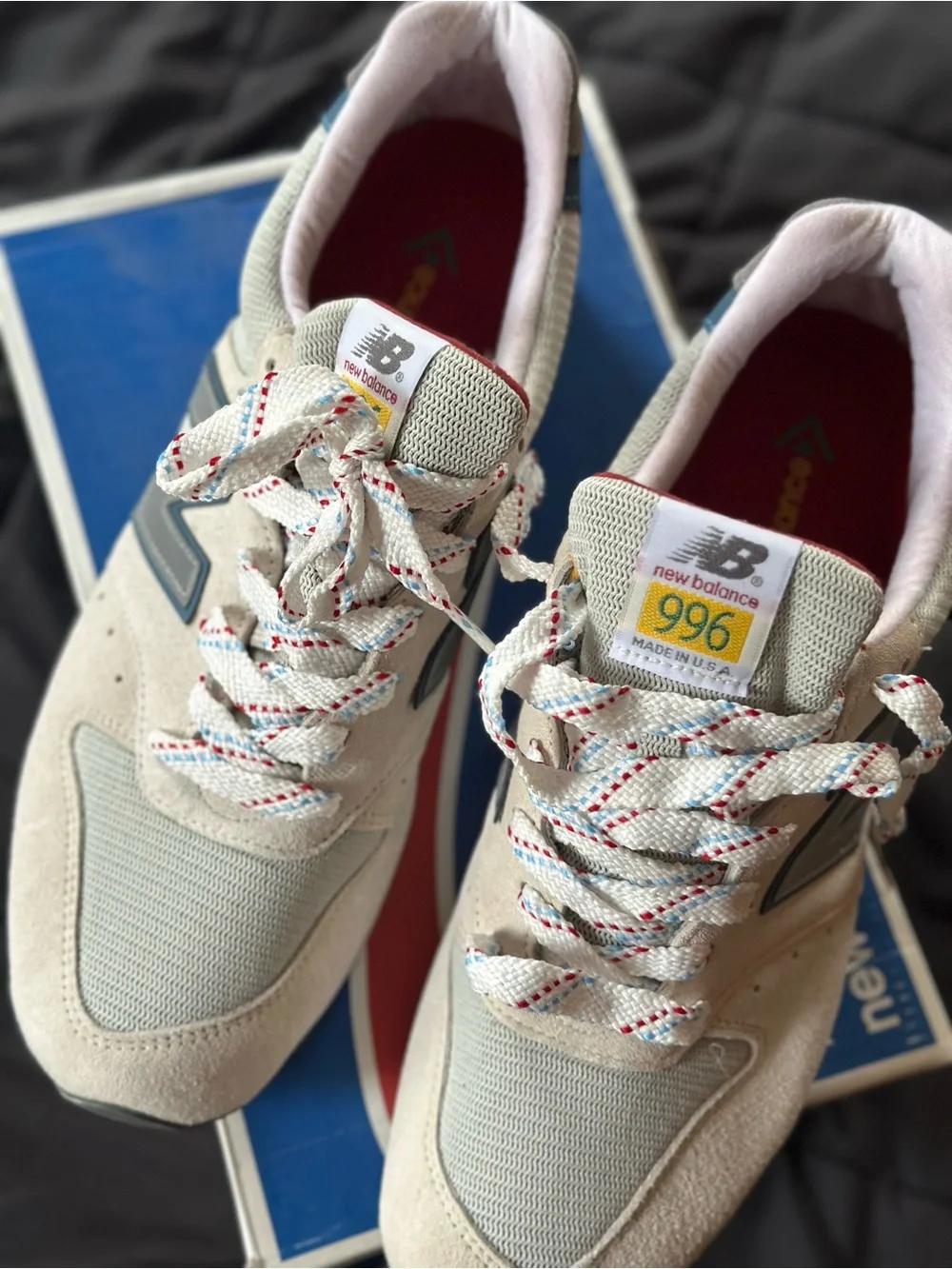 New Balance (Rare) 996 Men’s Suede & Mesh Sneakers - Cream with Red Accent